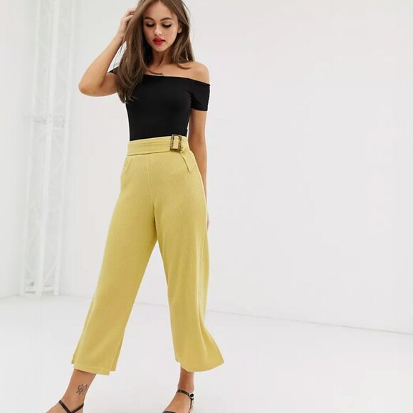 NWT ASOS Wide Leg Ribbed Yellow Pants with Buckled Belt - Size 8 - Picture 3 of 8